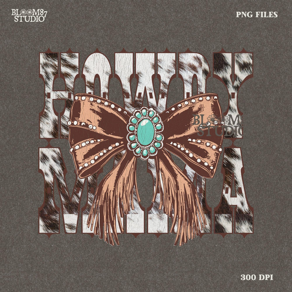 This “Howdy Mama” PNG features a bold western-style font with a cow print background and a detailed fringe bow with a turquoise concho. A stylish country design, perfect for Mother’s Day gifts, rodeo moms, and western-loving women. Ideal for sublimation on T-shirts, mugs, tumblers, and tote bags. High-resolution transparent PNG for easy crafting and DIY projects.