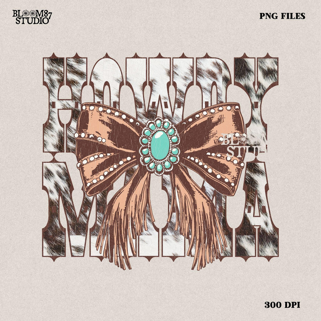 This “Howdy Mama” PNG features a bold western-style font with a cow print background and a detailed fringe bow with a turquoise concho. A stylish country design, perfect for Mother’s Day gifts, rodeo moms, and western-loving women. Ideal for sublimation on T-shirts, mugs, tumblers, and tote bags. High-resolution transparent PNG for easy crafting and DIY projects.