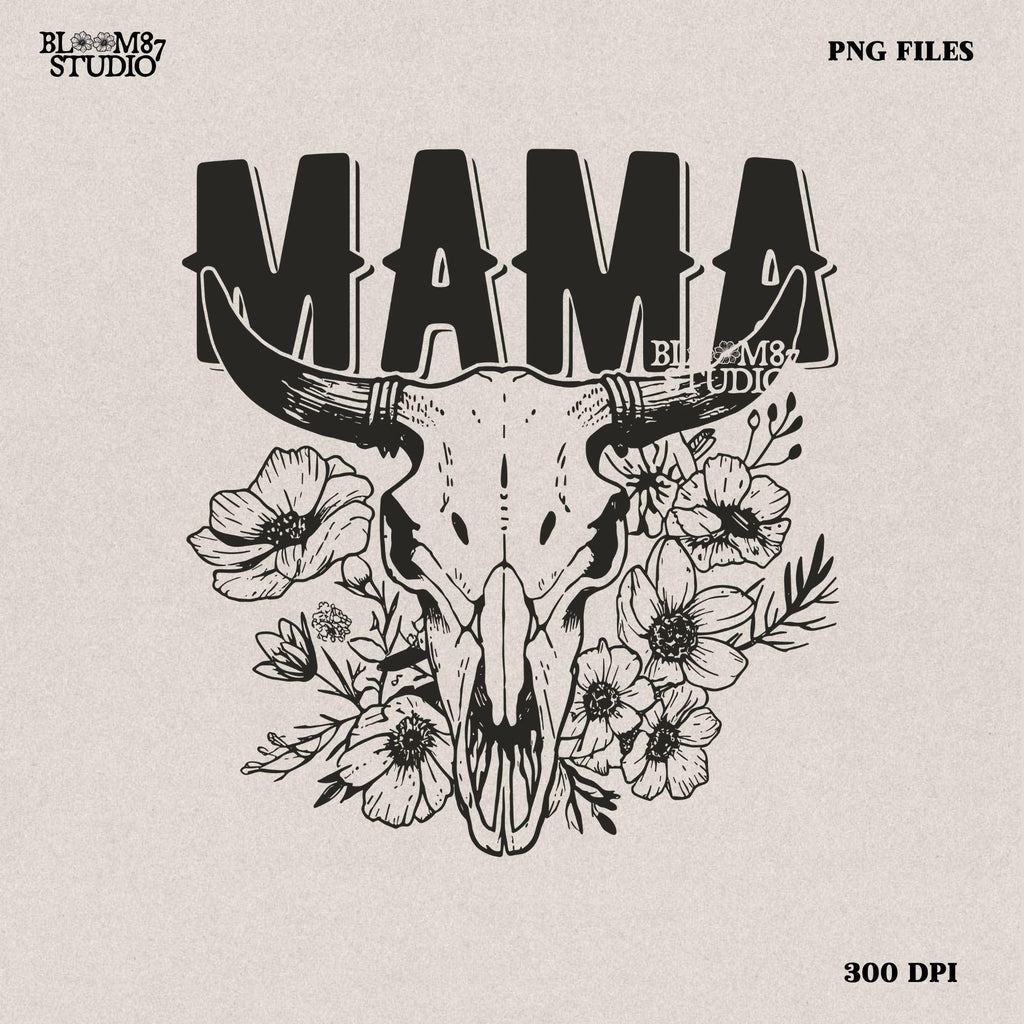 This “Mama” PNG design features a bold western-style font with a longhorn cow skull surrounded by intricate floral elements. A perfect rustic, boho aesthetic for Mother’s Day gifts, rodeo moms, and country-loving mamas. Great for sublimation on T-shirts, mugs, tumblers, tote bags, and DIY crafts. High-resolution transparent PNG for easy printing and creative projects.
