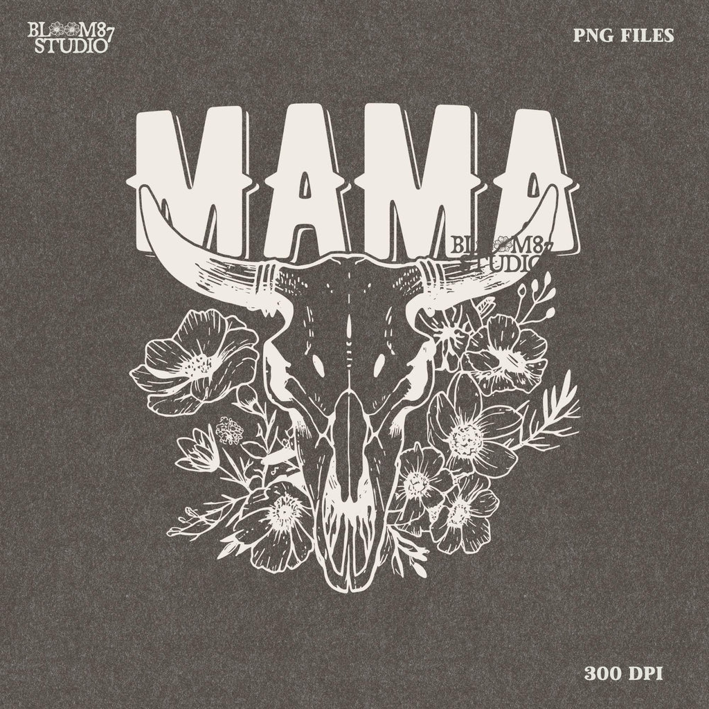 This “Mama” PNG design features a bold western-style font with a longhorn cow skull surrounded by intricate floral elements. A perfect rustic, boho aesthetic for Mother’s Day gifts, rodeo moms, and country-loving mamas. Great for sublimation on T-shirts, mugs, tumblers, tote bags, and DIY crafts. High-resolution transparent PNG for easy printing and creative projects.
