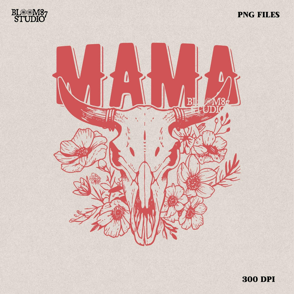 This “Mama” PNG design features a bold western-style font with a longhorn cow skull surrounded by intricate floral elements. A perfect rustic, boho aesthetic for Mother’s Day gifts, rodeo moms, and country-loving mamas. Great for sublimation on T-shirts, mugs, tumblers, tote bags, and DIY crafts. High-resolution transparent PNG for easy printing and creative projects.