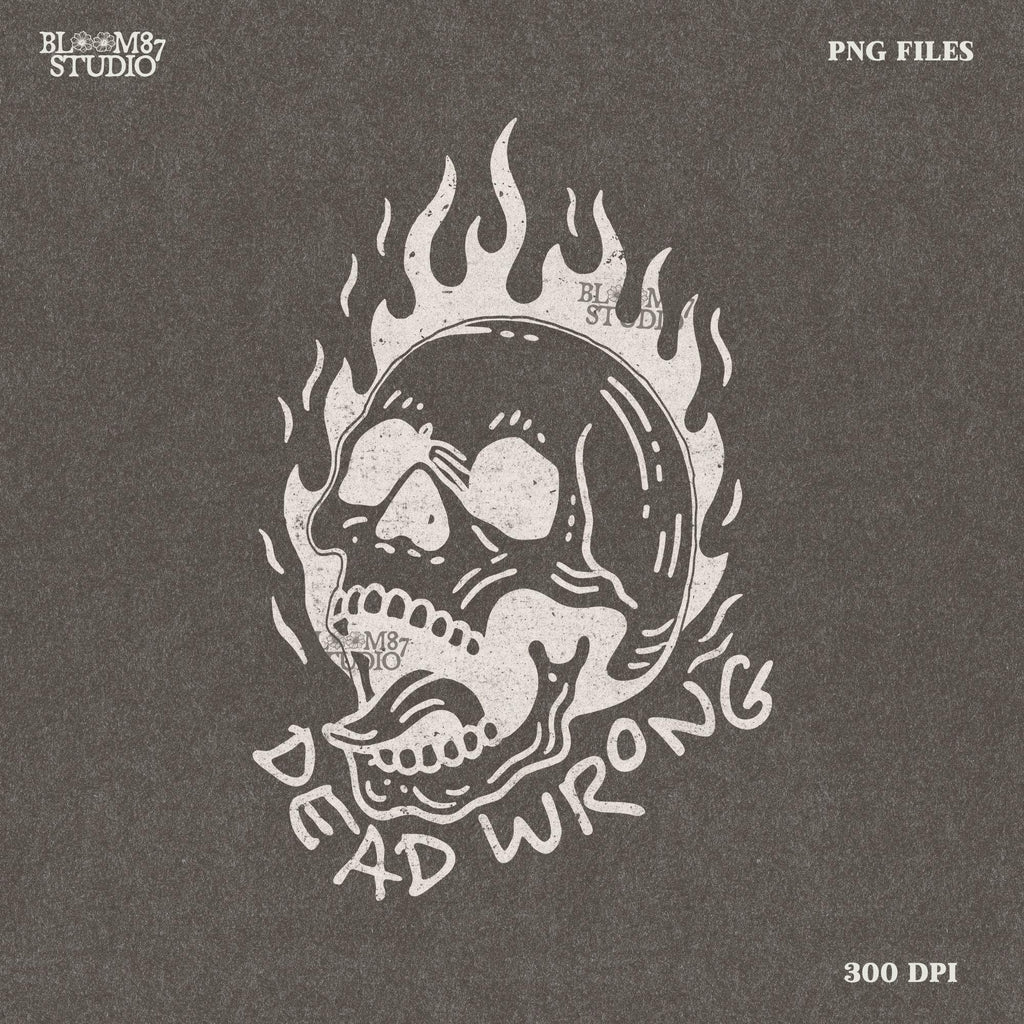 Vintage-style flaming skull illustration with a gothic, tattoo-inspired design. Perfect for edgy artwork, biker graphics, and rock-inspired prints.