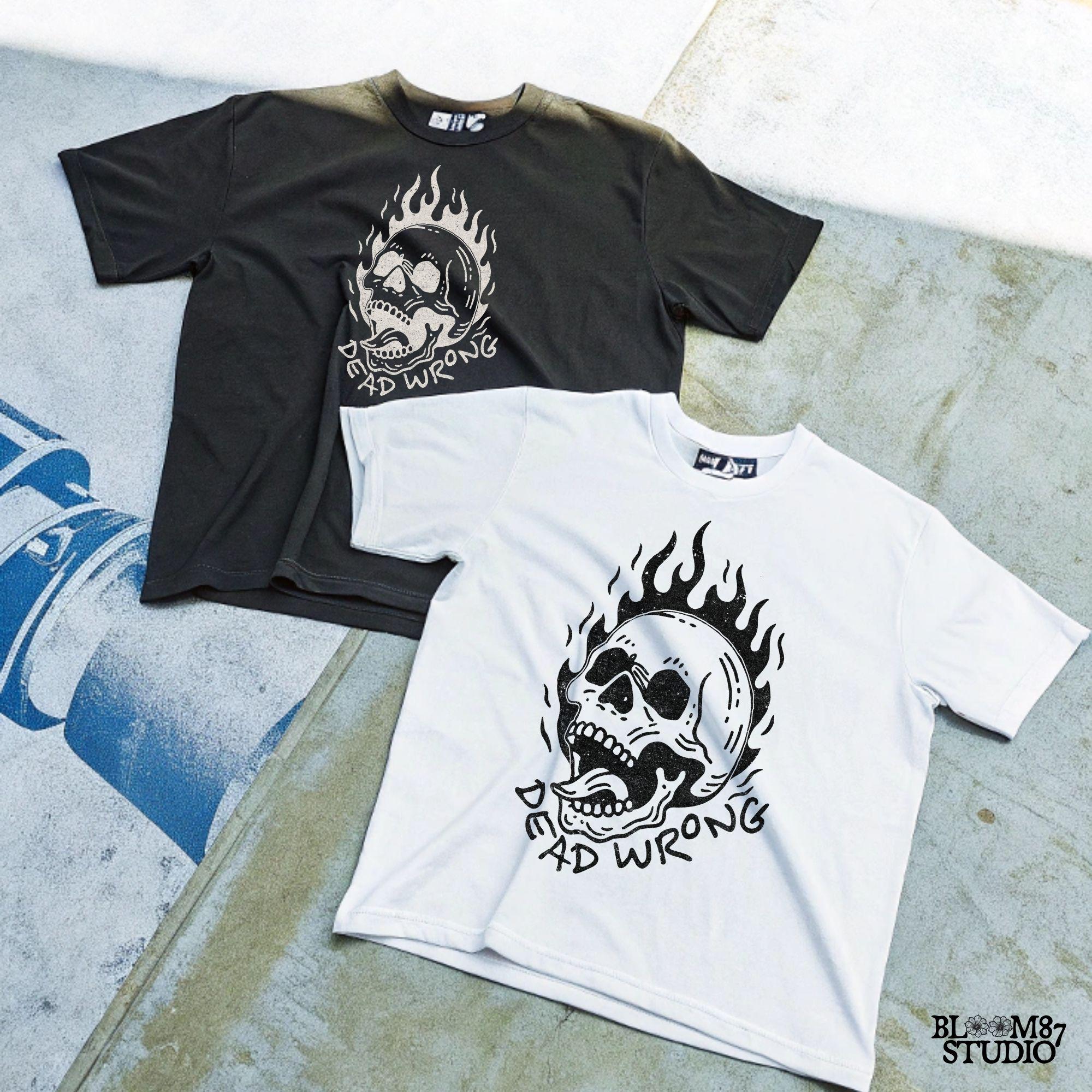 Vintage-style flaming skull illustration with a gothic, tattoo-inspired design. Perfect for edgy artwork, biker graphics, and rock-inspired prints.