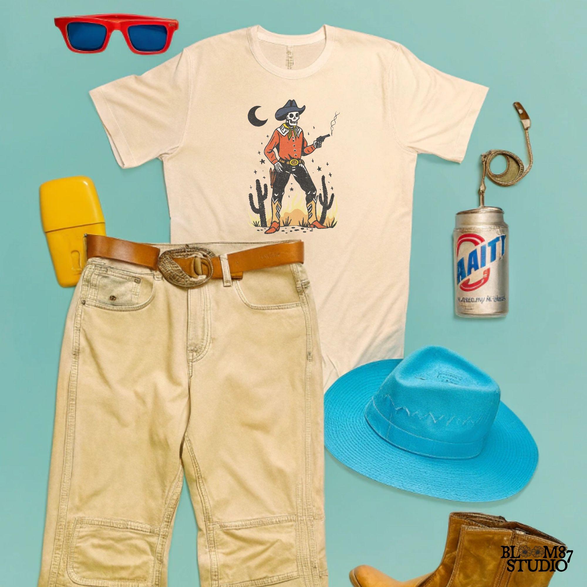 Vintage-style illustration of a skeleton cowboy in a red shirt and hat, holding a smoking revolver in a desert scene with cacti and fire.