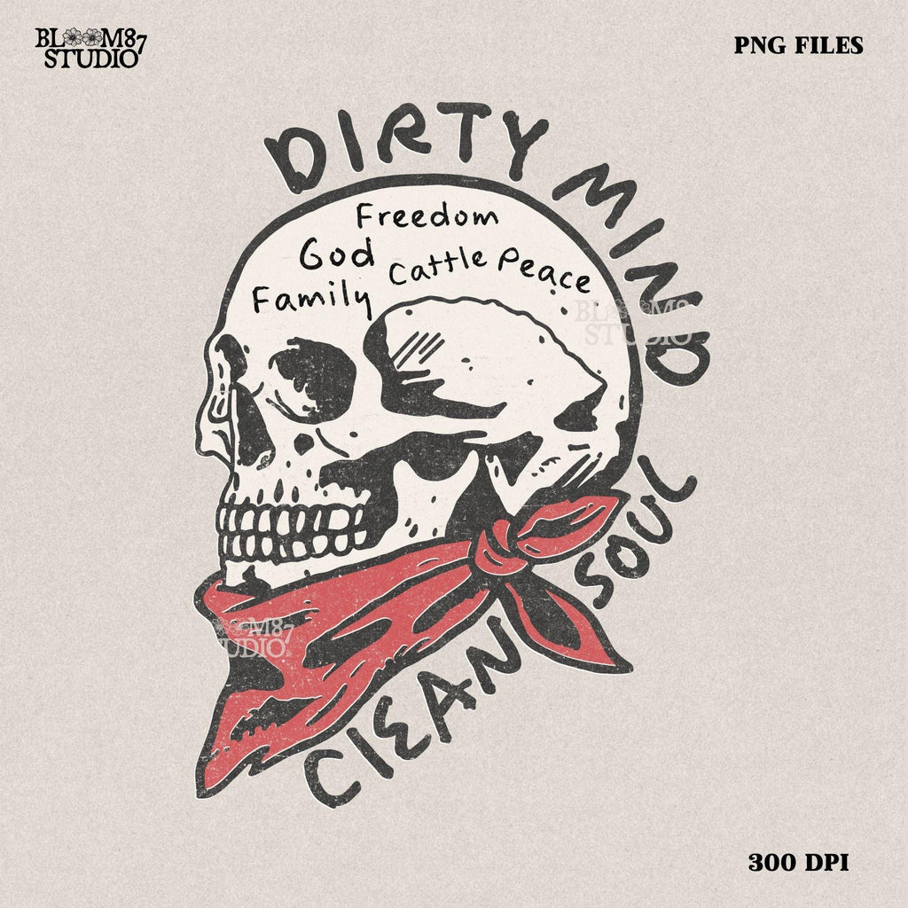 Vintage-style illustration of a cowboy skull wearing a red bandana, featuring handwritten words about freedom, family, and cattle. Perfect for western decor and apparel.