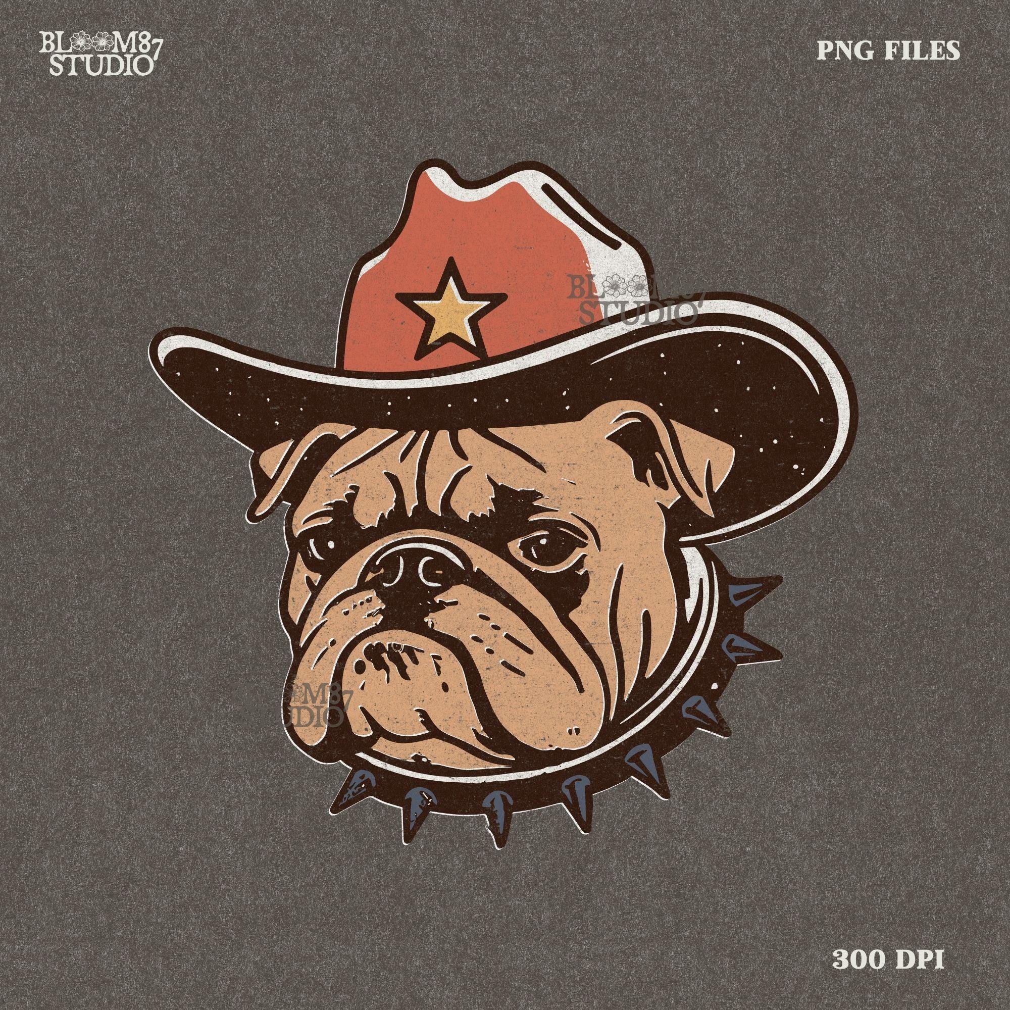 Vintage-style illustration of a tough bulldog wearing a cowboy hat with a star and a spiked collar. Perfect for western decor, rodeo designs, and apparel.