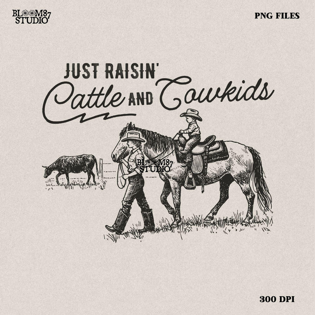 Just Raisin’ Cattle and Cowkids PNG, cowboy kids riding horse, western ranch life design, rustic country kids print, cowboy family sublimation, rodeo lifestyle PNG, country western apparel, rustic ranch artwork, cowboy children horseback riding PNG, ranch family life print, western homestead graphic, kids cowboy farm life PNG, cowboys raising cowkids print, rural ranch family illustration, cowboy parenting PNG, rustic cowboy rodeo sublimation, country farm kids PNG, western-themed family print