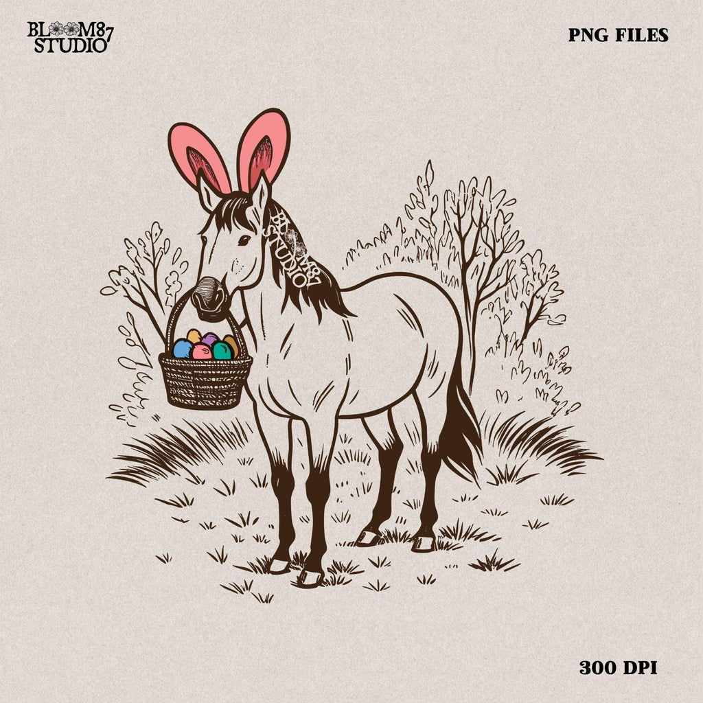 Easter horse illustration with a basket, rustic farmhouse spring art, digital equestrian drawing, vintage farm Easter print, black and white clipart.