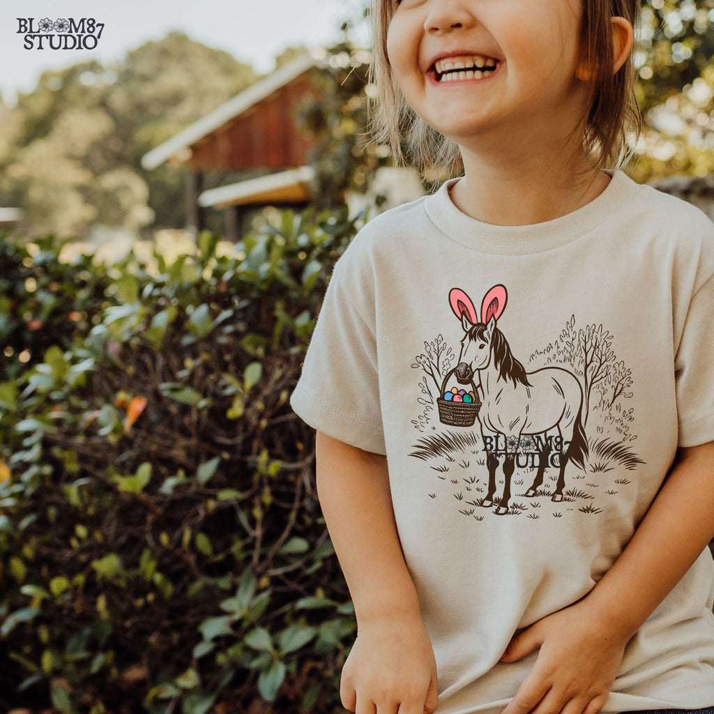 Black and white Easter horse artwork, country rustic spring print, vintage farm animal digital illustration, equestrian Easter decor.