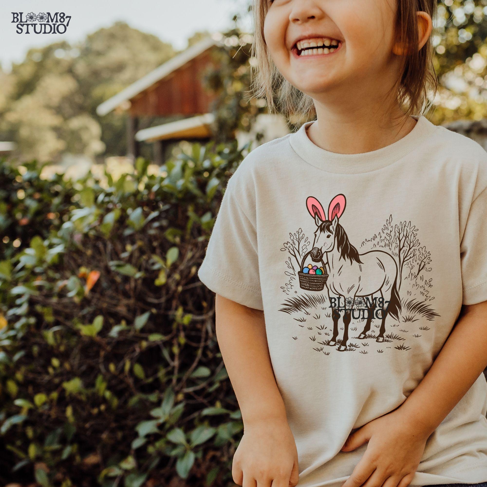 Black and white Easter horse artwork, country rustic spring print, vintage farm animal digital illustration, equestrian Easter decor.