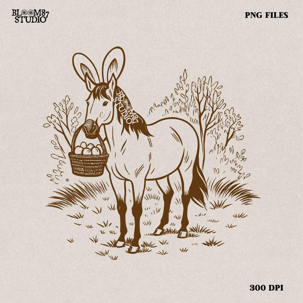 Easter horse holding a basket of eggs, perfect for farmhouse wall decor, digital horse download, equestrian-themed nursery art.