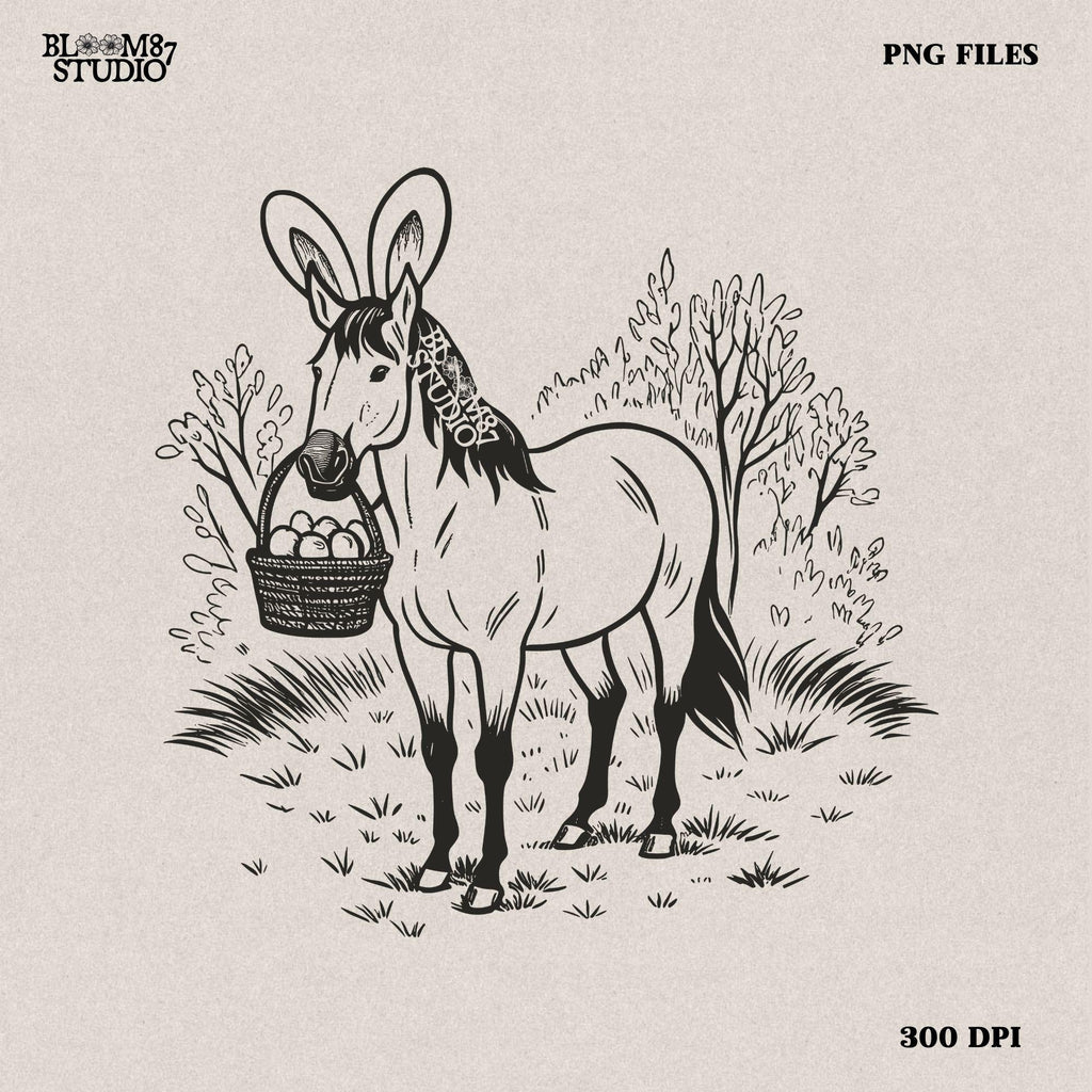 Hand-drawn Easter horse carrying a basket of eggs, countryside digital art, western-themed printable, rustic country home decor.