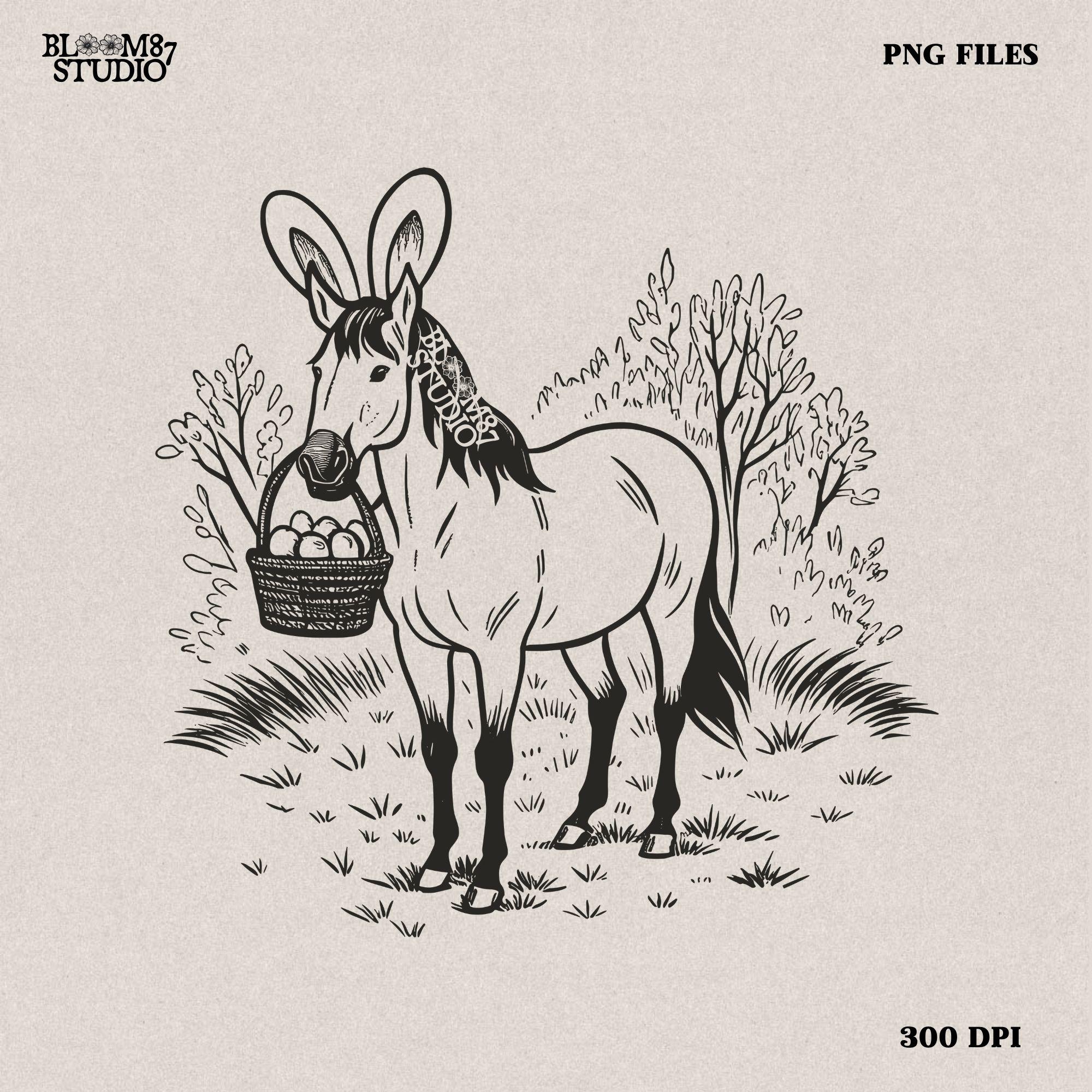 Hand-drawn Easter horse carrying a basket of eggs, countryside digital art, western-themed printable, rustic country home decor.