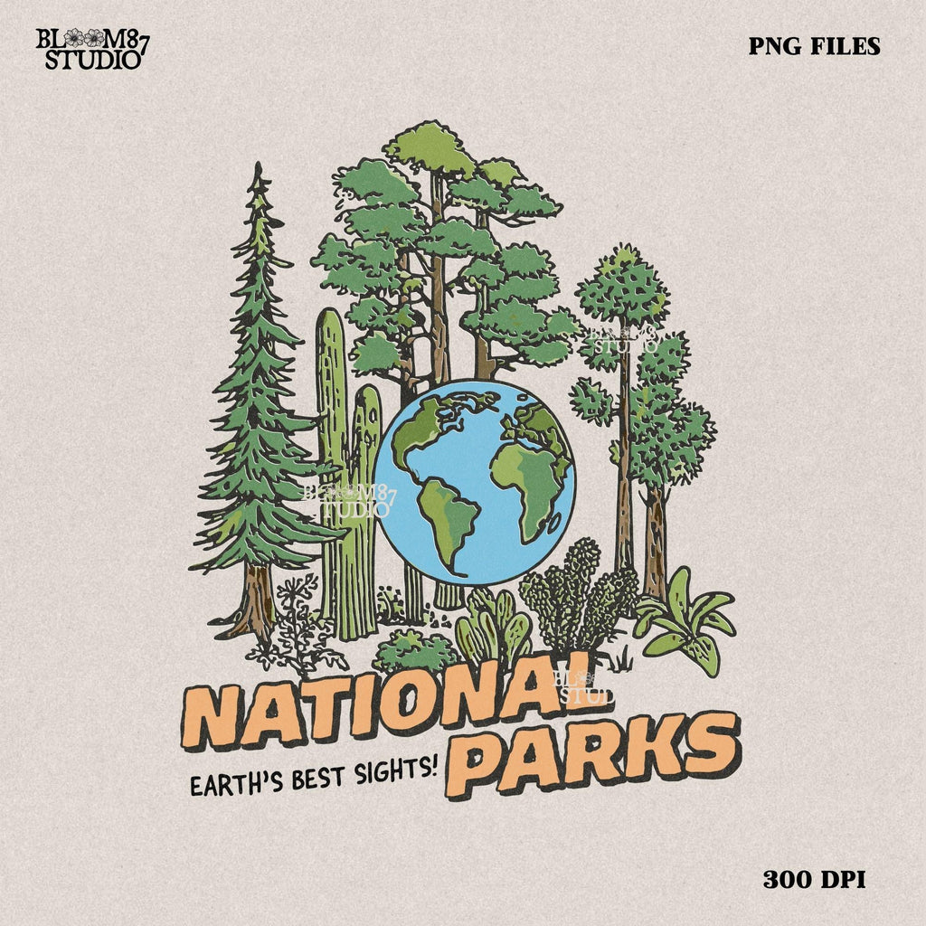 A nature-inspired PNG featuring a globe surrounded by diverse trees and plants, with the words “National Parks” in bold lettering. Perfect for outdoor lovers.
