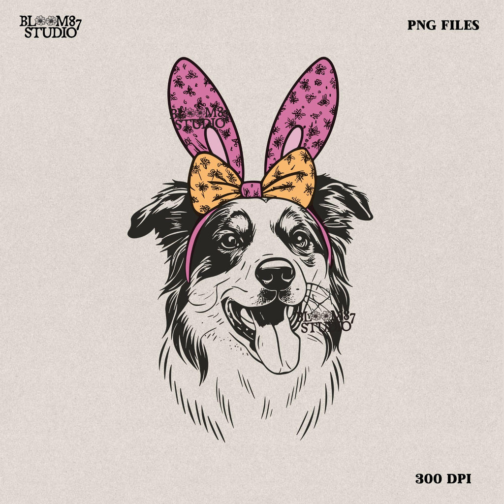 Cute Easter dog PNG featuring an Australian Shepherd wearing bunny ears with a patterned bow, perfect for pet lovers and holiday designs.