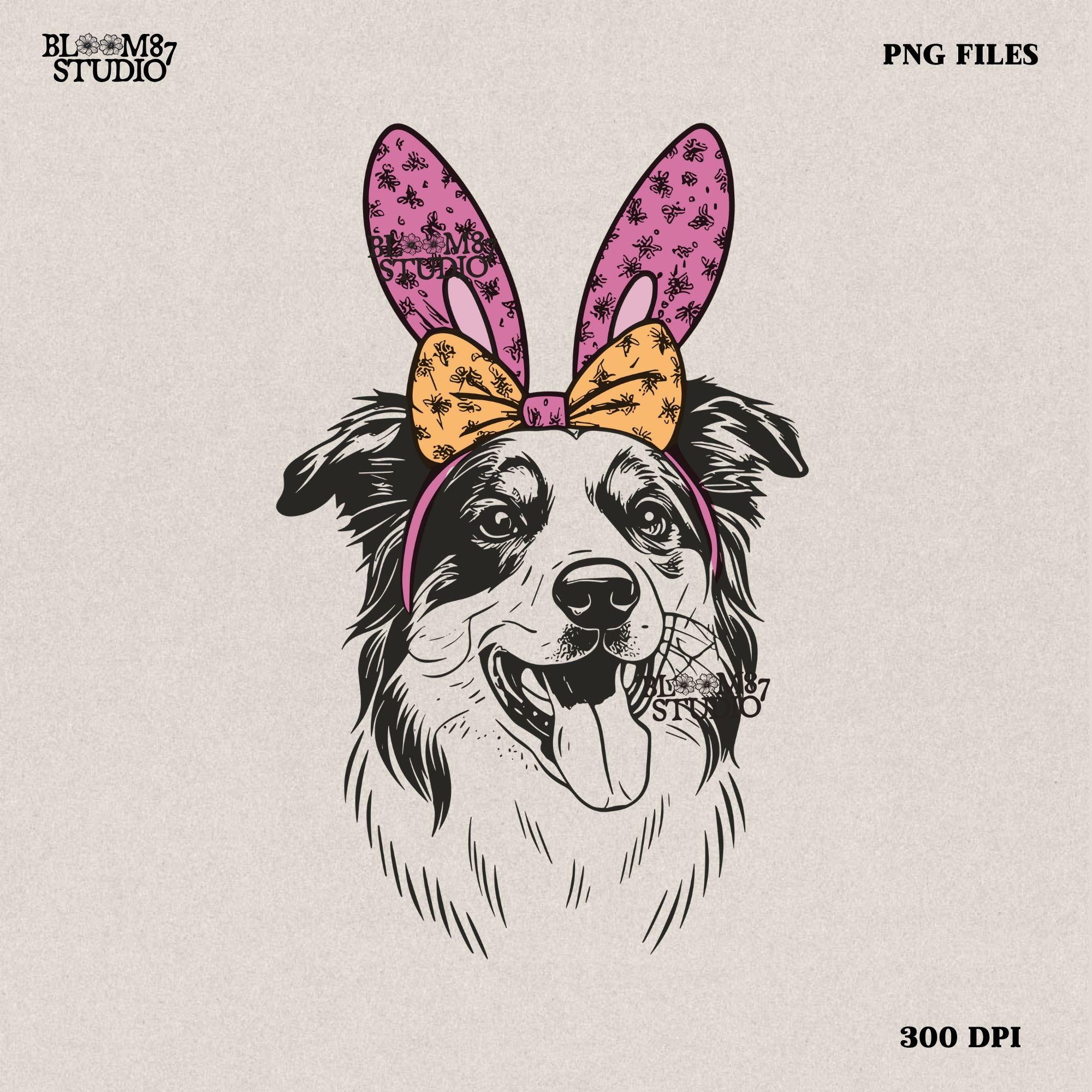 Cute Easter dog PNG featuring an Australian Shepherd wearing bunny ears with a patterned bow, perfect for pet lovers and holiday designs.
