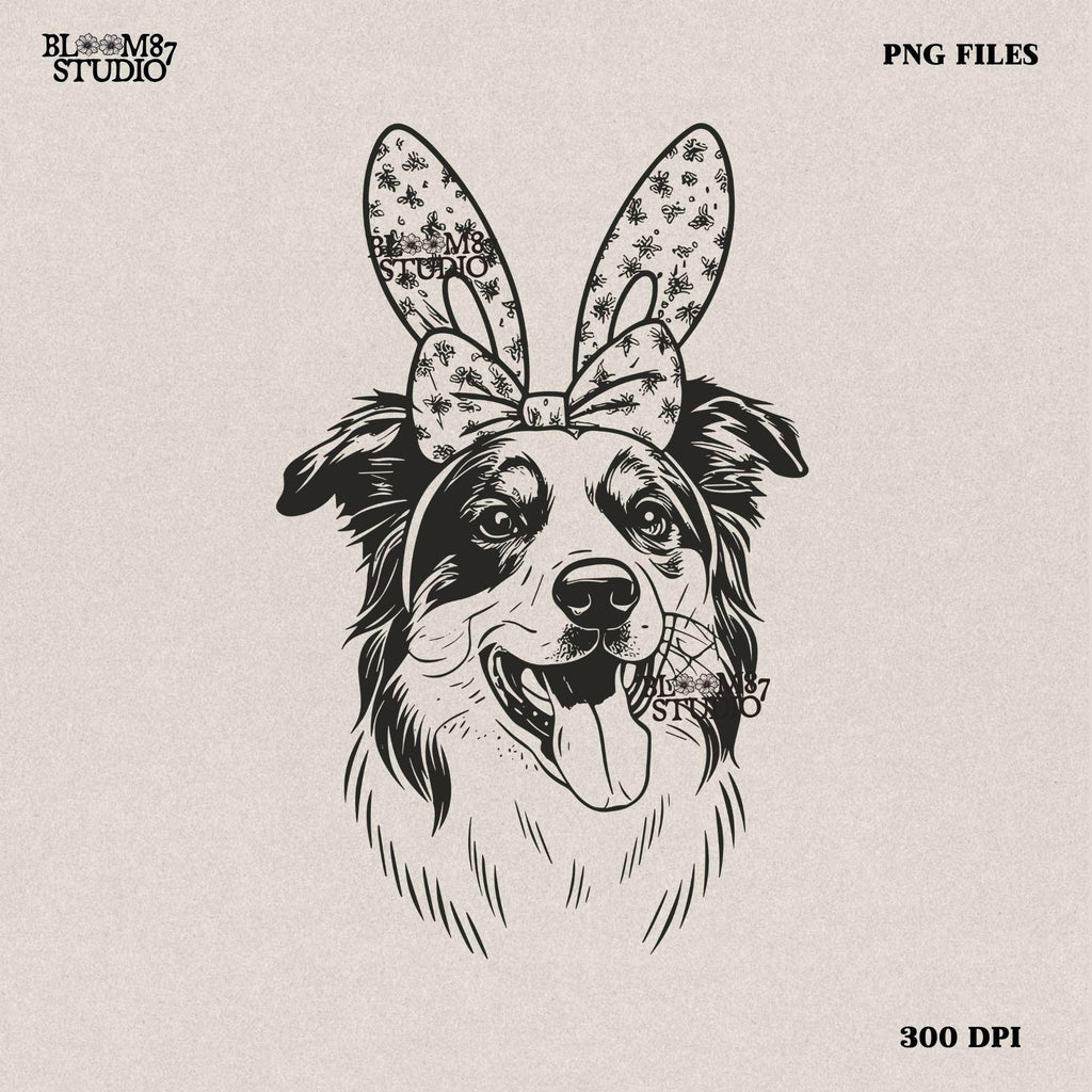 Hand-drawn vintage-style dog illustration with Easter bunny ears, ideal for t-shirts, hoodies, and pet-themed apparel.