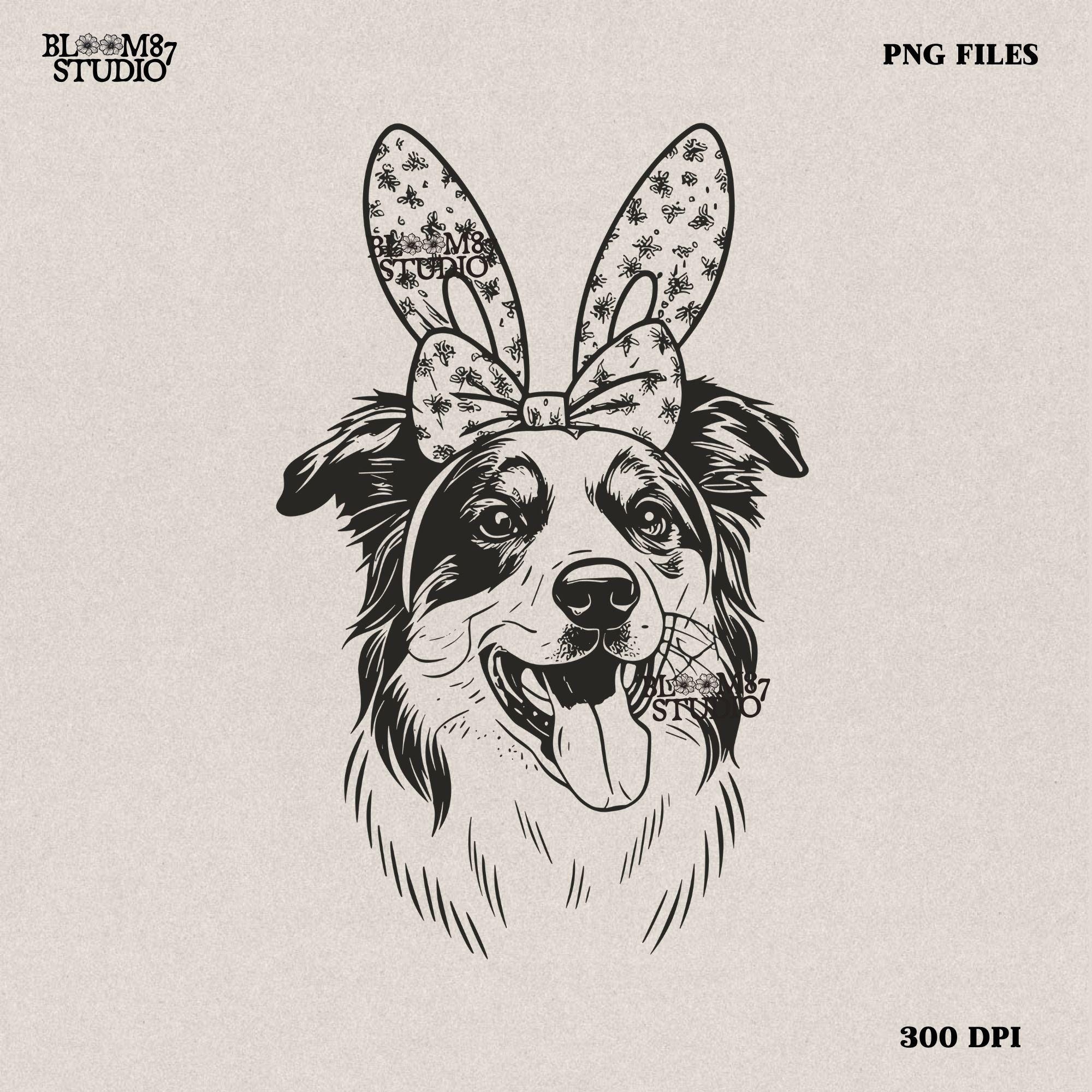 Hand-drawn vintage-style dog illustration with Easter bunny ears, ideal for t-shirts, hoodies, and pet-themed apparel.
