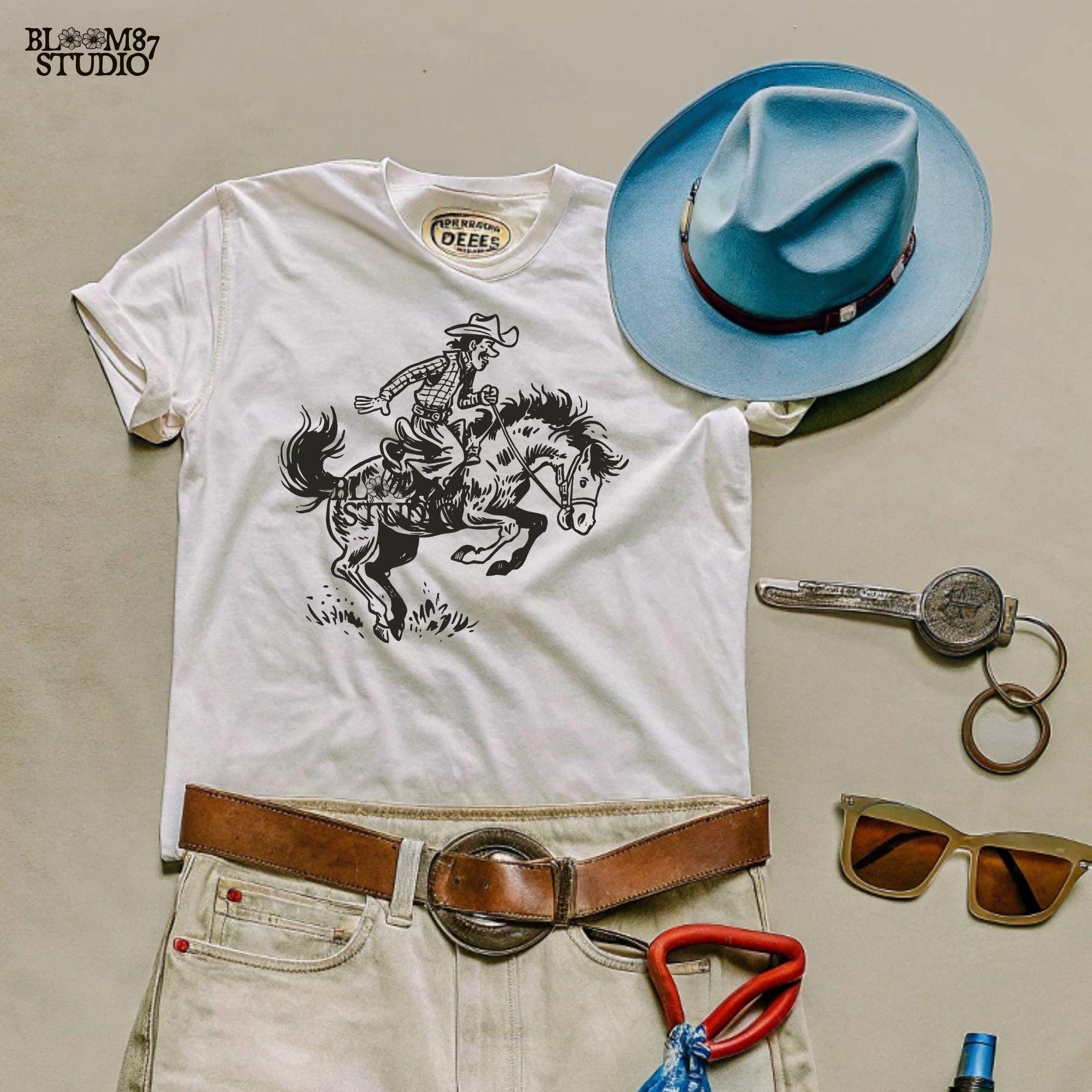 Hand-drawn cowboy artwork showcasing a rugged bucking horse, designed for Western-themed gifts, home decor, and DIY crafting.