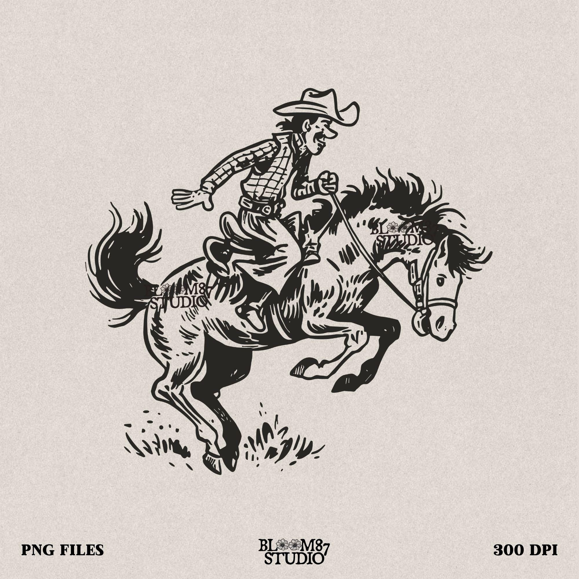 Vintage-style Western PNG featuring a cowboy riding a bucking bronco, capturing the wild spirit of the rodeo in a hand-drawn rustic style.