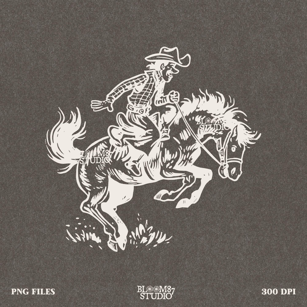 Retro cowboy clipart with a rancher on horseback, ideal for Western apparel, rodeo merchandise, and country-themed designs.
