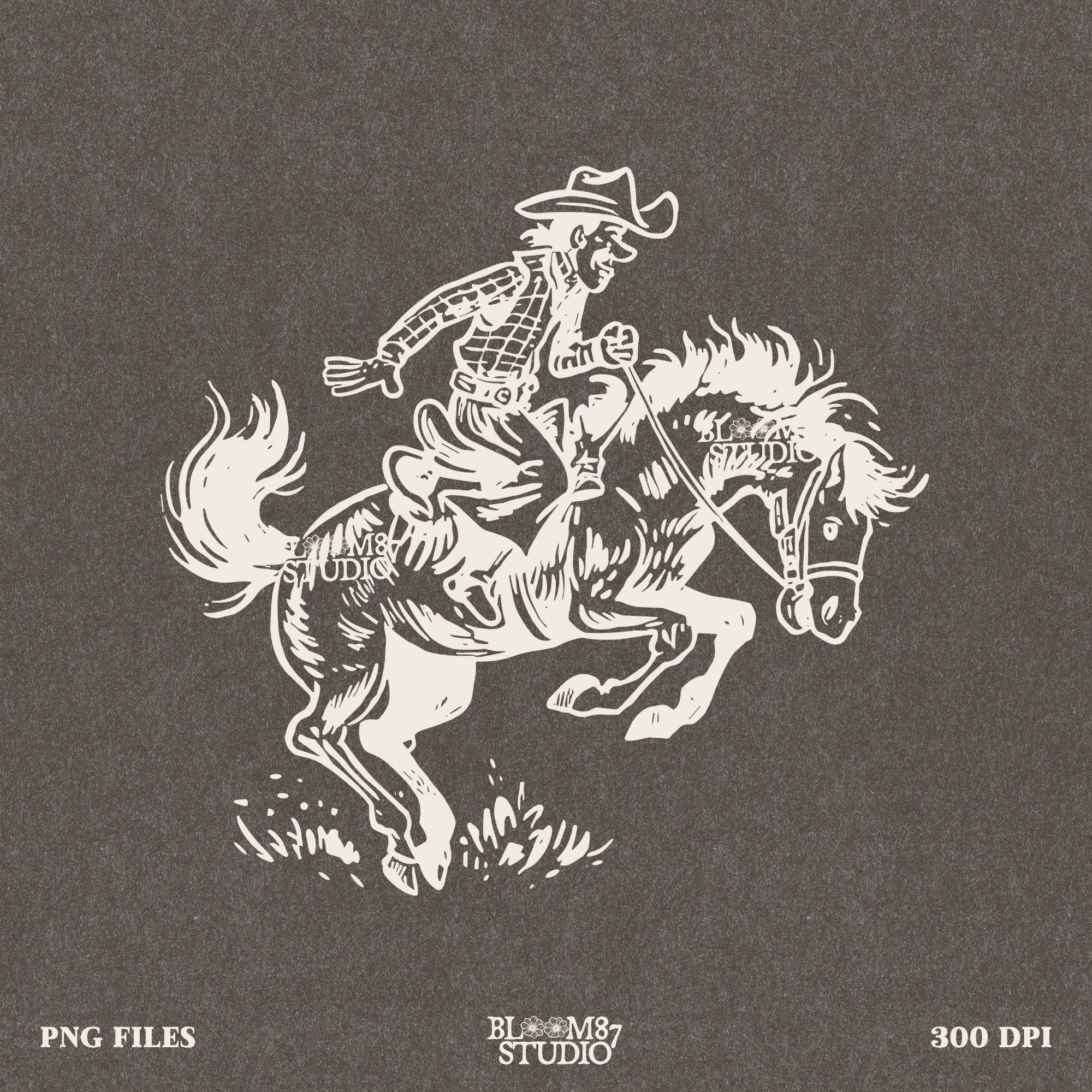 Retro cowboy clipart with a rancher on horseback, ideal for Western apparel, rodeo merchandise, and country-themed designs.