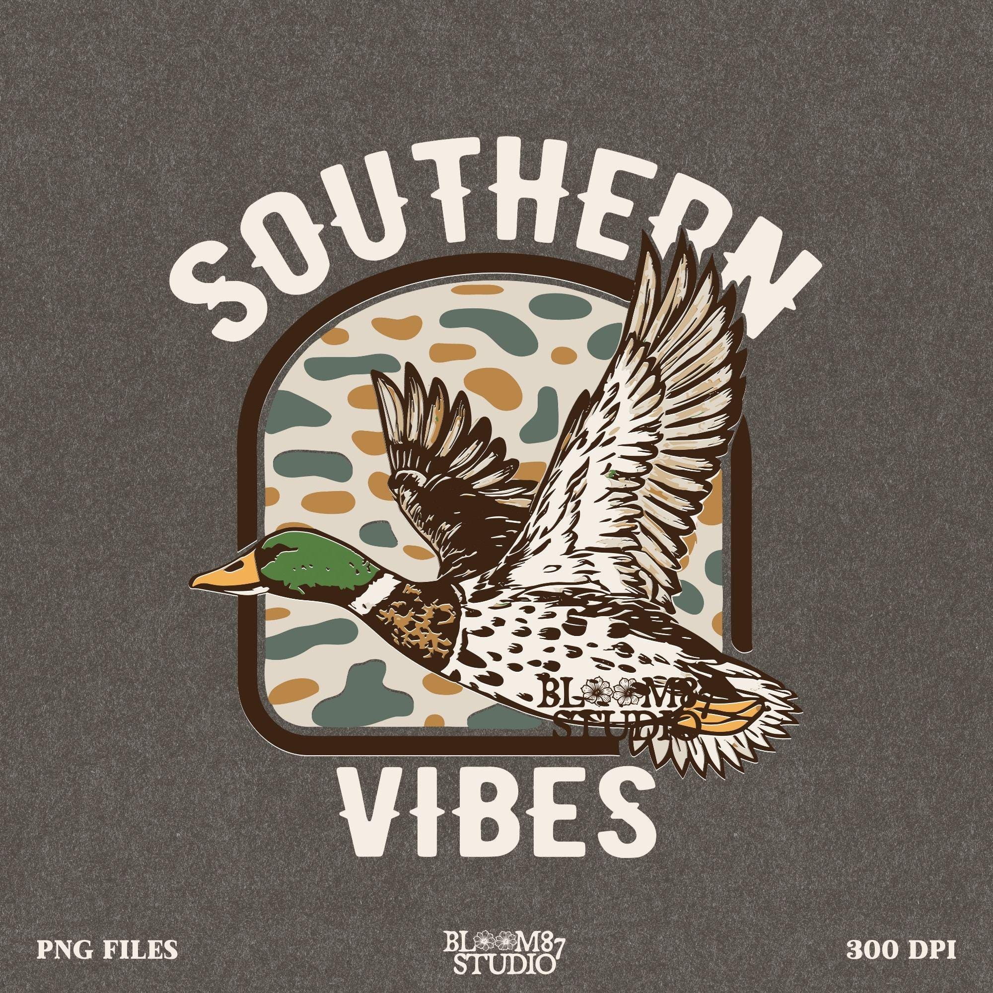 Vintage duck hunting design with bold typography and a hand-drawn wildlife aesthetic, ideal for country-style apparel.