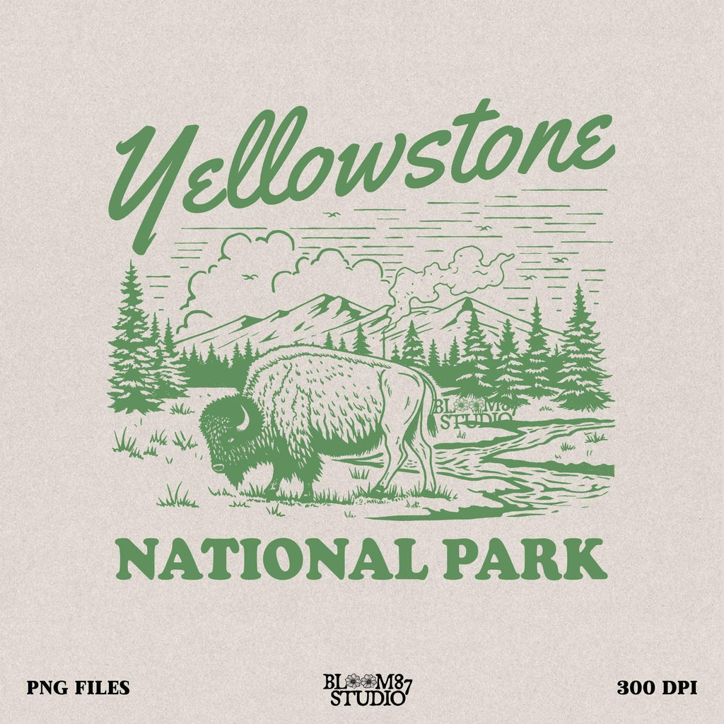Rustic nature sublimation design with a detailed buffalo and scenic landscape, perfect for t-shirts, hoodies, and home decor.