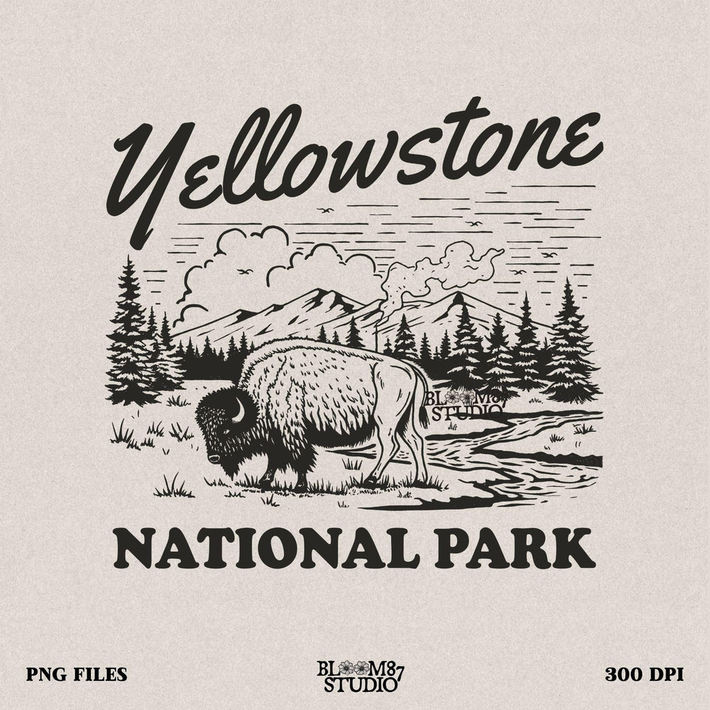 Yellowstone National Park PNG featuring a hand-drawn bison grazing in front of mountains, pine trees, and geysers, perfect for nature lovers.
