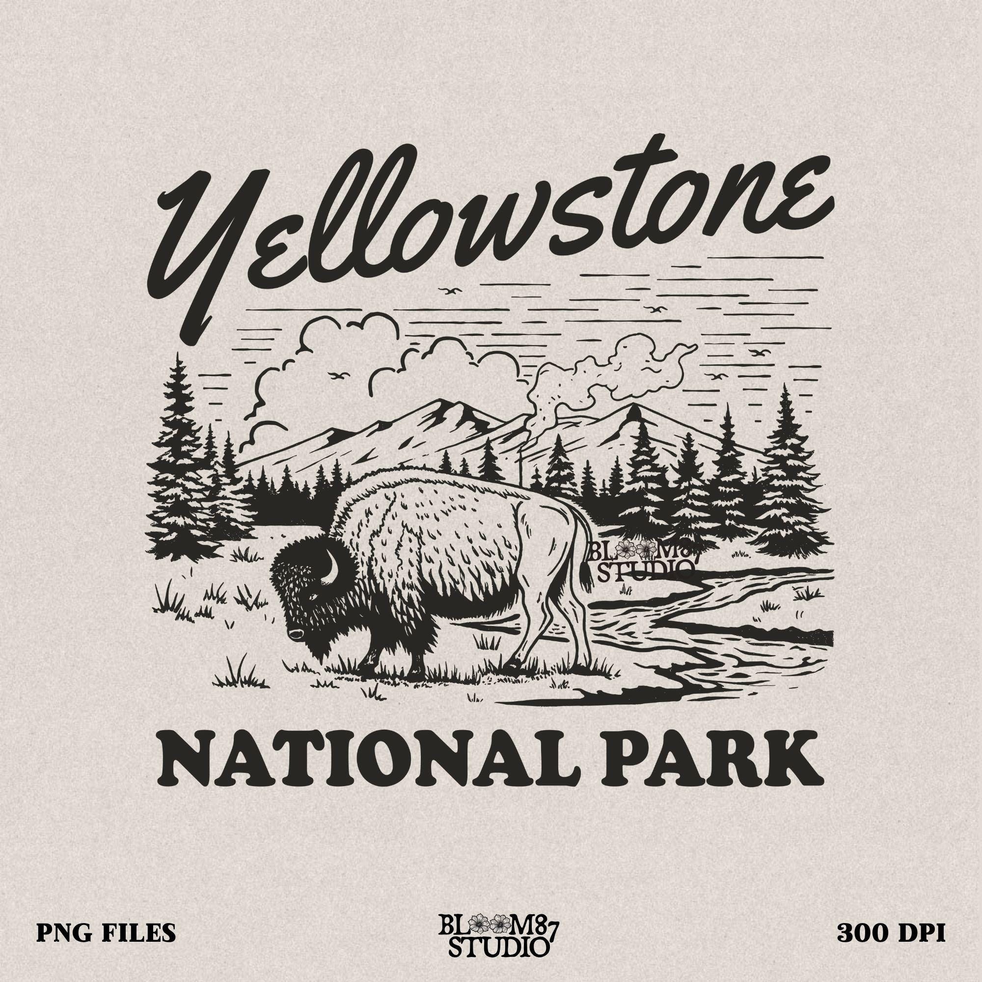 Yellowstone National Park PNG featuring a hand-drawn bison grazing in front of mountains, pine trees, and geysers, perfect for nature lovers.