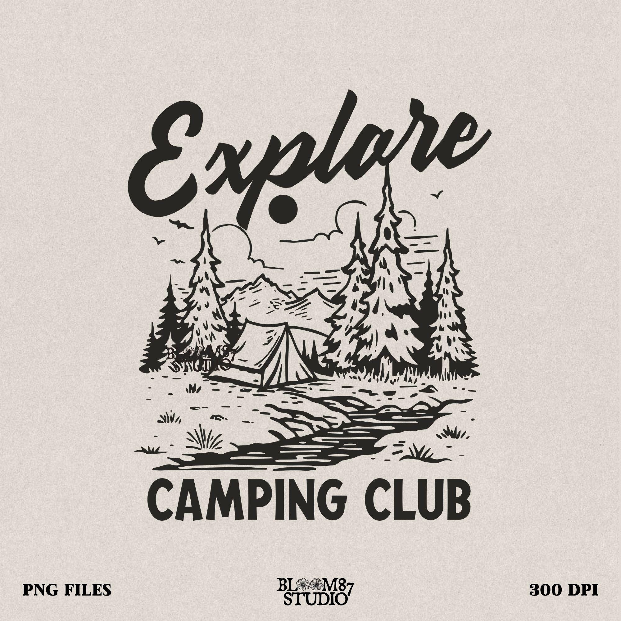 Explore Camping Club PNG featuring a detailed hand-drawn tent in a mountain forest, perfect for campers and outdoor enthusiasts.