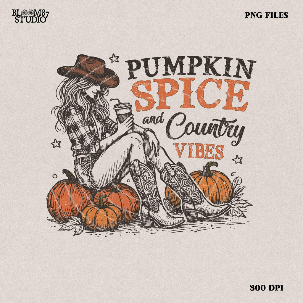 Pumpkin spice and country vibes Png, Fall shirt design, Retro fall sublimation design, Western fall Png, Western Cowgirl Pumpkin Png Digital