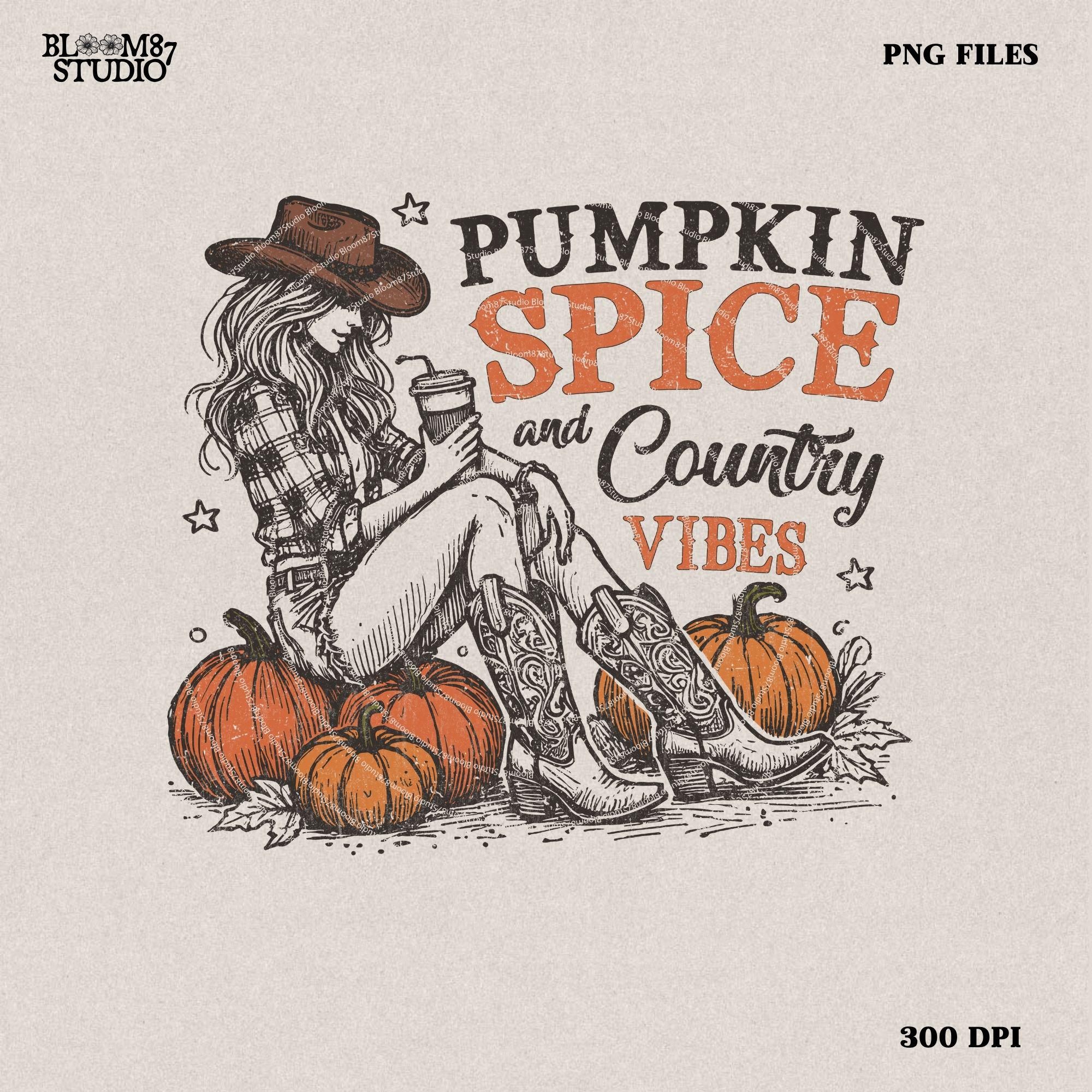 Pumpkin spice and country vibes Png, Fall shirt design, Retro fall sublimation design, Western fall Png, Western Cowgirl Pumpkin Png Digital
