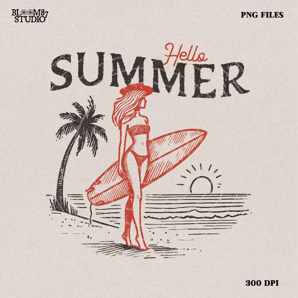 Hello Summer Surfer Girl PNG - Beach Sunset Surfing Art - Good Vibes Only - Summer Beach - summertime western png - Digital Download
