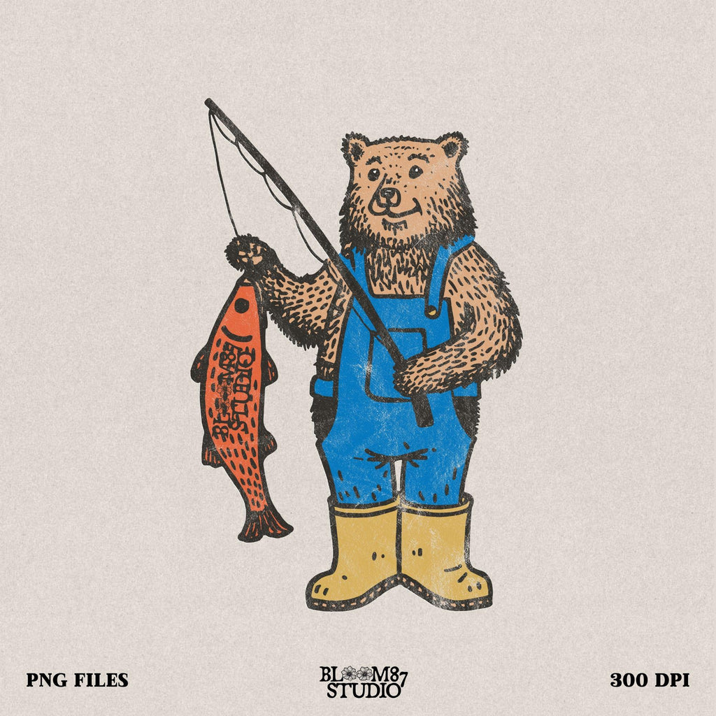 Rustic fishing bear PNG featuring a hand-drawn bear in overalls holding a fishing pole and a big catch.