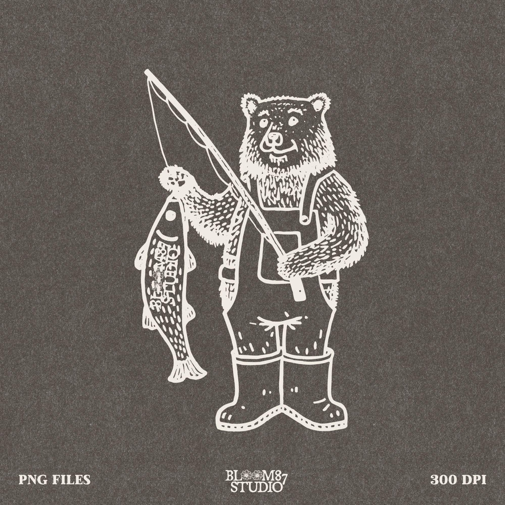High-resolution (300 DPI) fishing bear PNG with a transparent background, ideal for sublimation on t-shirts, hoodies, and mugs.