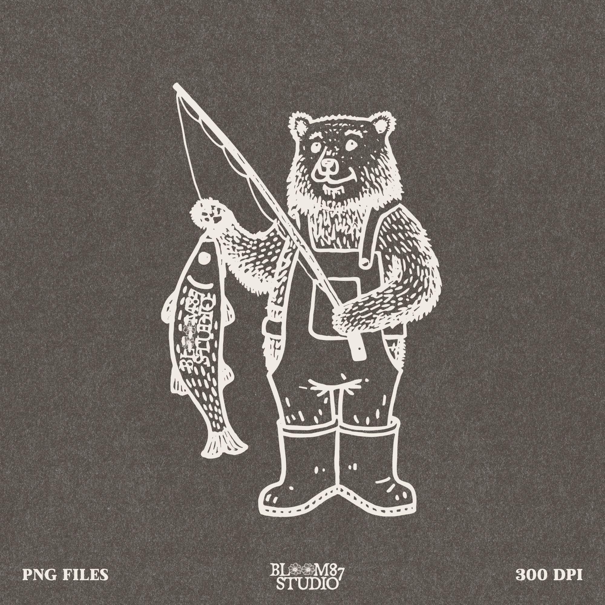 High-resolution (300 DPI) fishing bear PNG with a transparent background, ideal for sublimation on t-shirts, hoodies, and mugs.