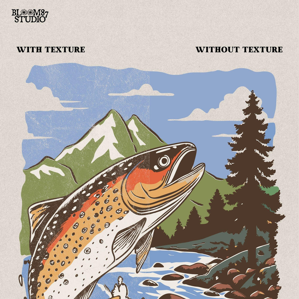 Vintage outdoor adventure design, showcasing a trophy trout leaping from the water against a mountain backdrop.