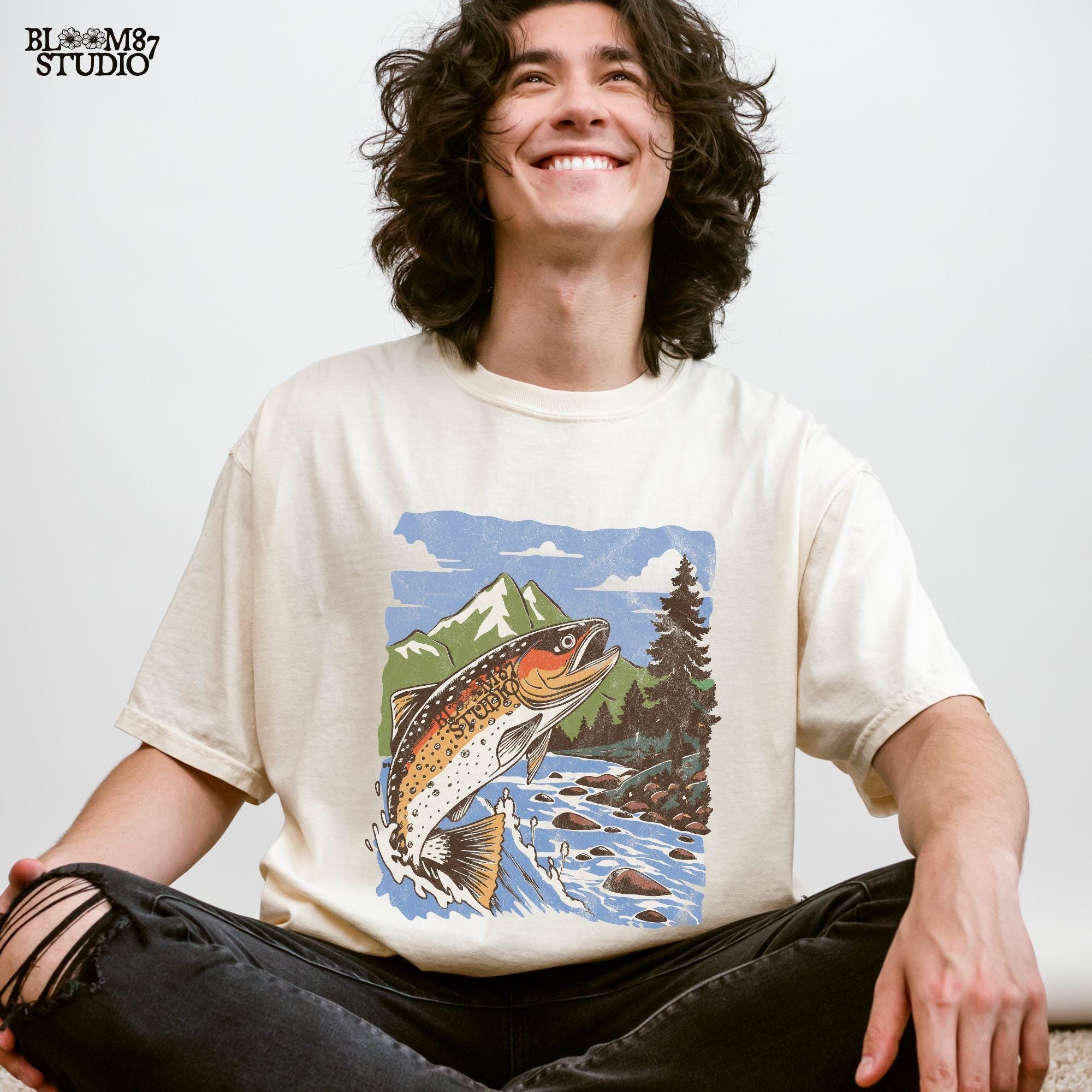 Trout and river scene, symbolizing peace, adventure, and the love of fishing, making it a great gift for outdoorsmen.