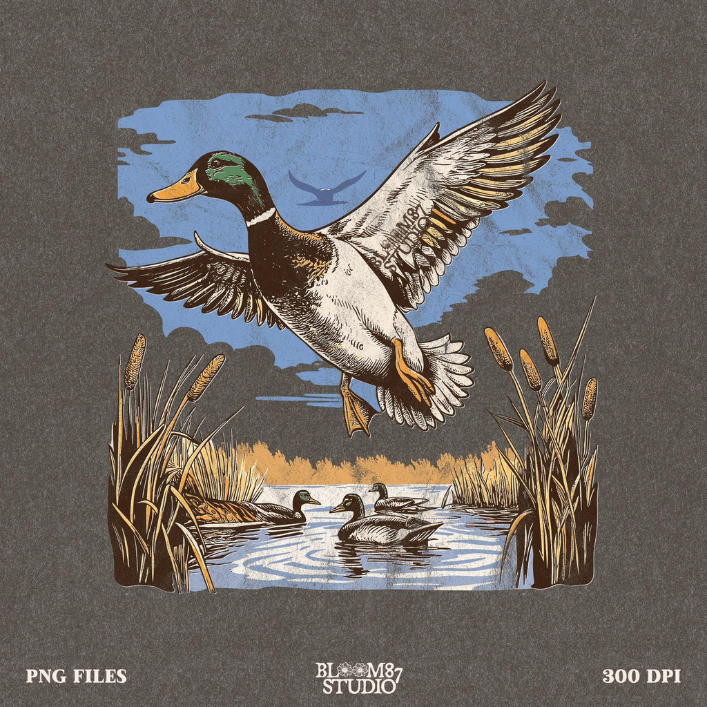 Rustic waterfowl artwork with a hand-drawn mallard, cattails, and ducks swimming in a pond, ideal for outdoor enthusiasts.