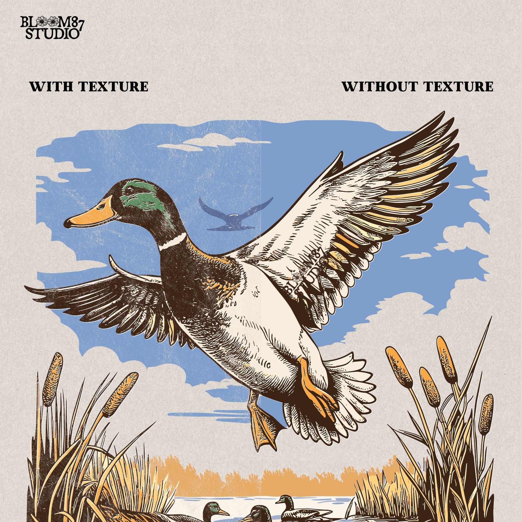 Vintage hunting scene showcasing a flying mallard in a natural wetland environment, perfect for sportsmen and birdwatchers.