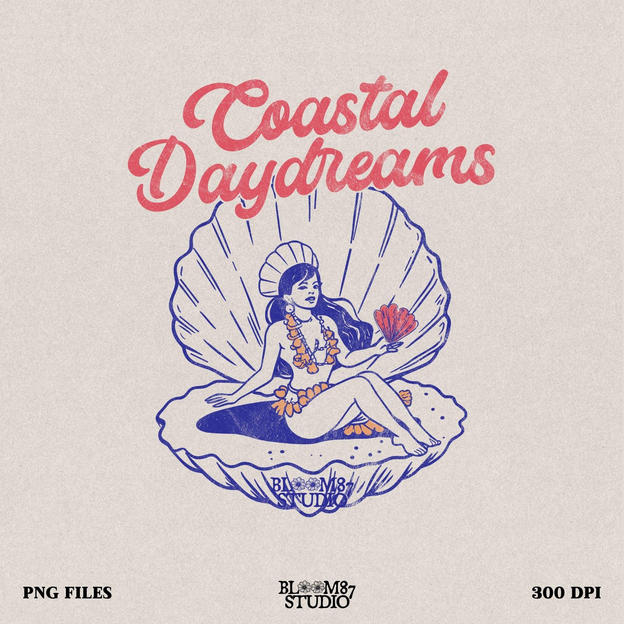 Coastal Daydreams PNG featuring a beautiful island girl sitting in a seashell, perfect for beach lovers and tropical vibes.