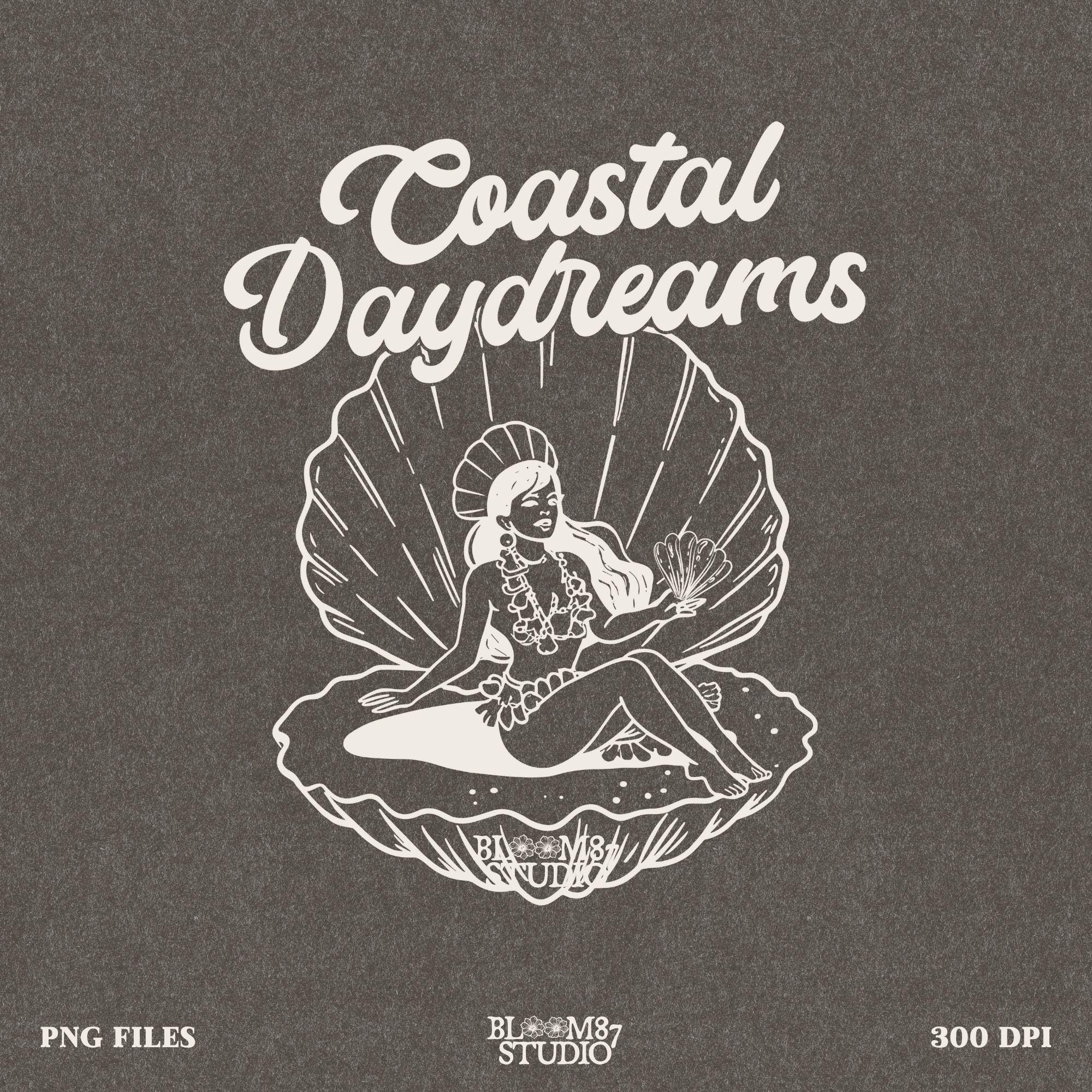 Hand-drawn island girl illustration, celebrating the beauty of the sea and beach daydreams.