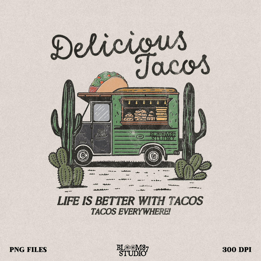 Delicious Tacos PNG featuring a hand-drawn taco truck with cacti and vintage lettering, perfect for Mexican food lovers.