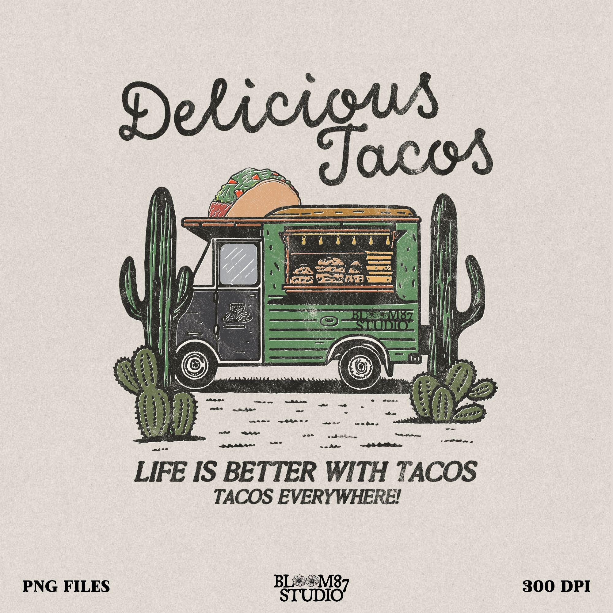 Delicious Tacos PNG featuring a hand-drawn taco truck with cacti and vintage lettering, perfect for Mexican food lovers.