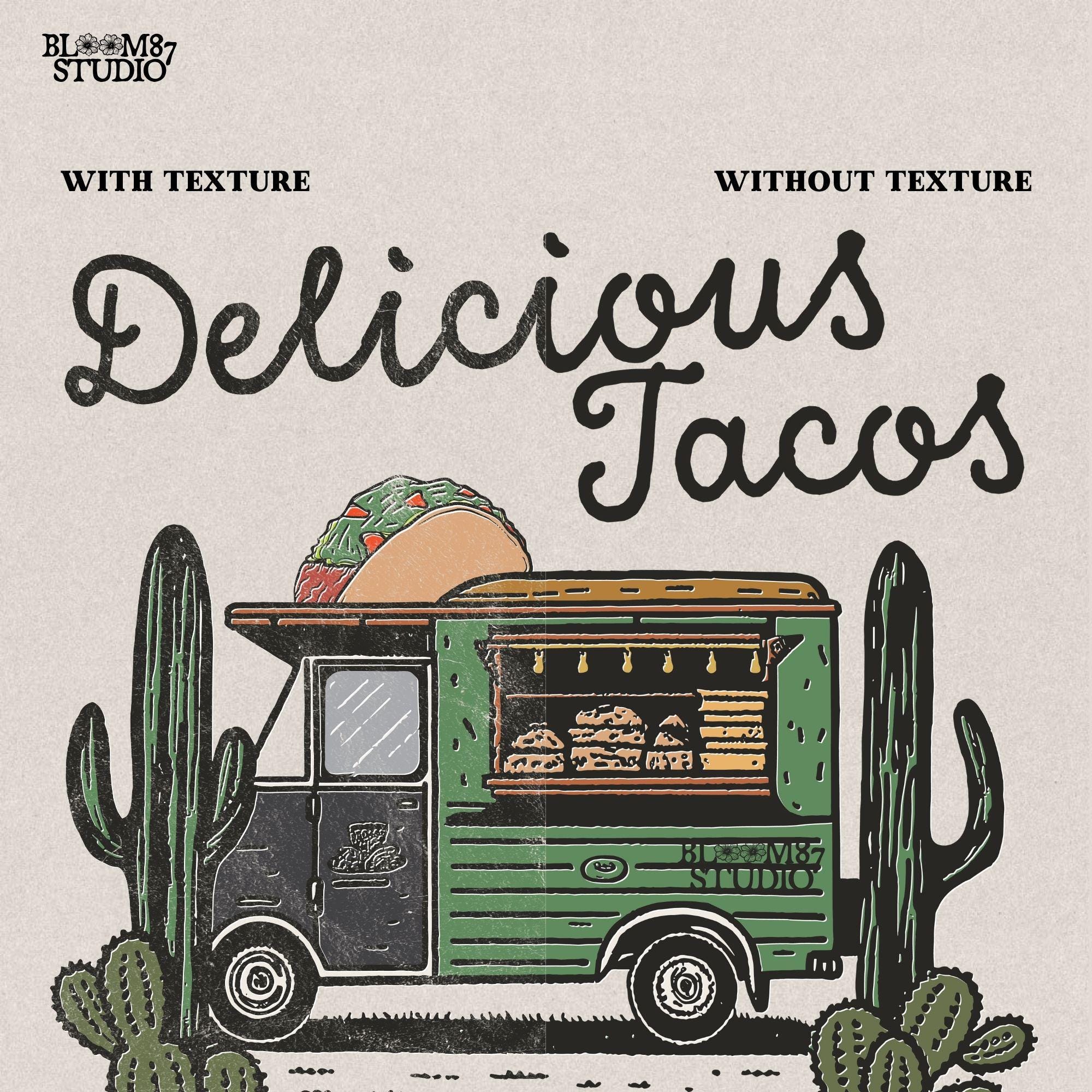 Hand-drawn taco truck design, showcasing tasty tacos and Mexican-inspired decor, making it perfect for Tex-Mex fans.