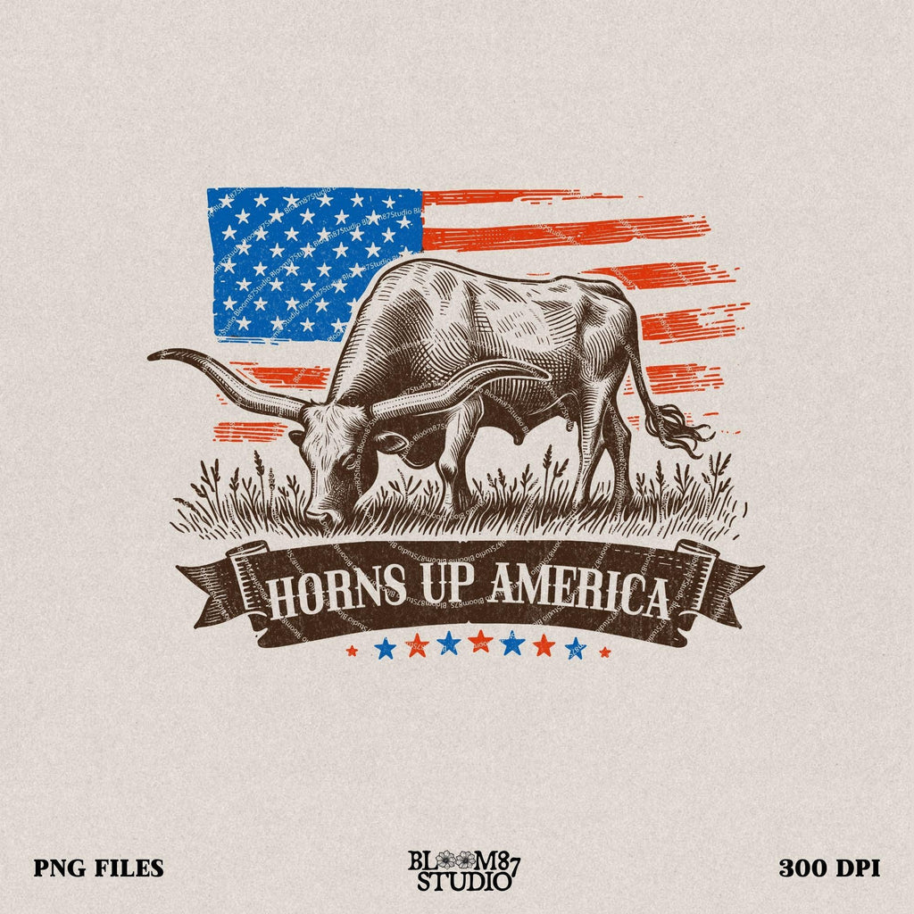 Horns Up America Longhorn and American Flag PNG - Patriotic Western PNG for Memorial & Independence Day, Western Sublimations, Cowboy png