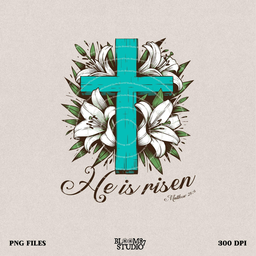 He is Risen png, Matthew 28:6, Turquoise Cross png, Sublimation Design, Christian Country Png,Western Religious Png,Christian Png,Easter png