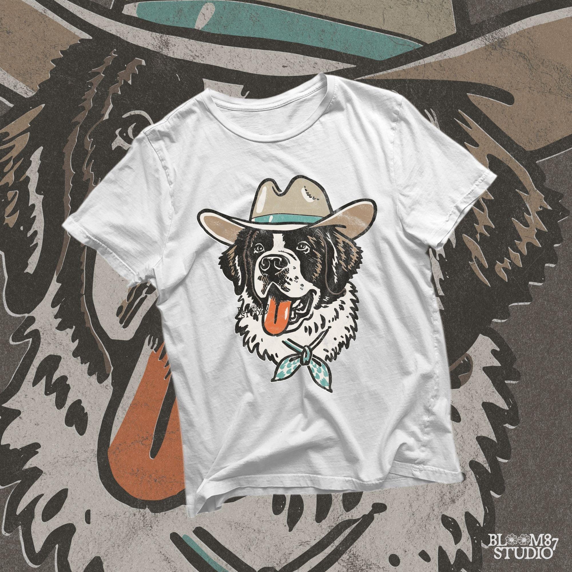 Rustic cowboy dog artwork with a detailed Saint Bernard, great for country-inspired apparel and decor.