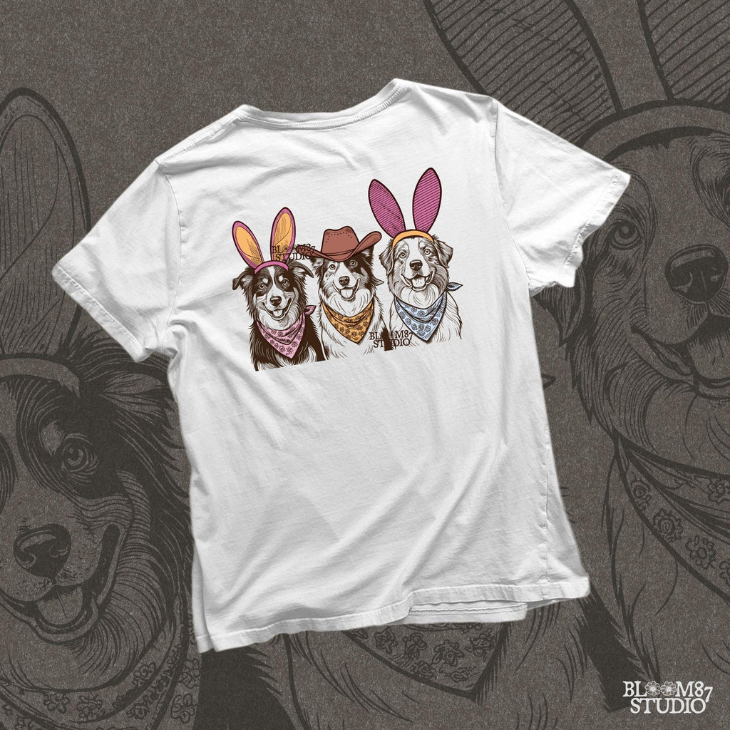 Country dog trio artwork with detailed Australian Shepherds wearing cowboy and bunny accessories, great for dog lovers.